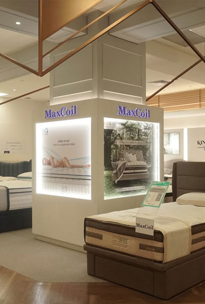 MaxCoil mattress retail display fit-out at Courts Singapore